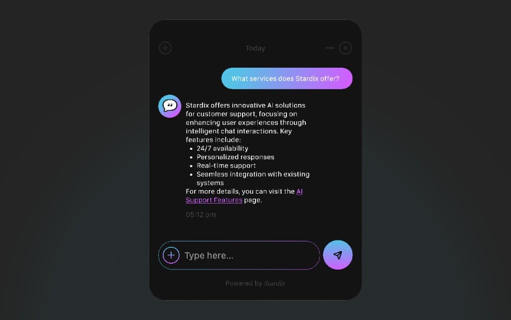 Stardix Chatbot answering a visitor question about services