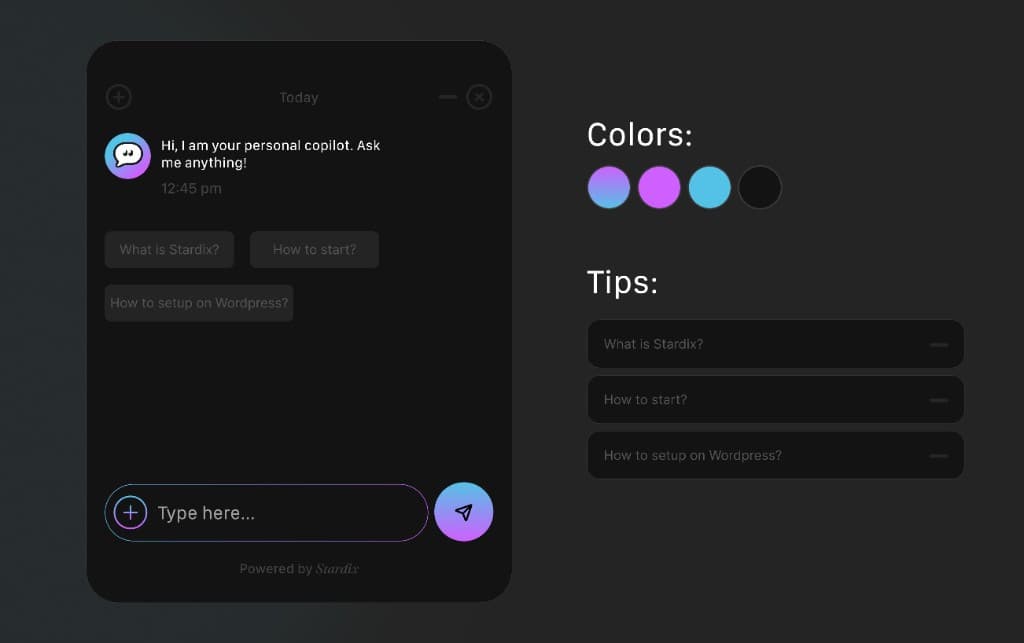 Stardix Chatbot full customization: custom welcome message, tip chips, and brand color theme controls